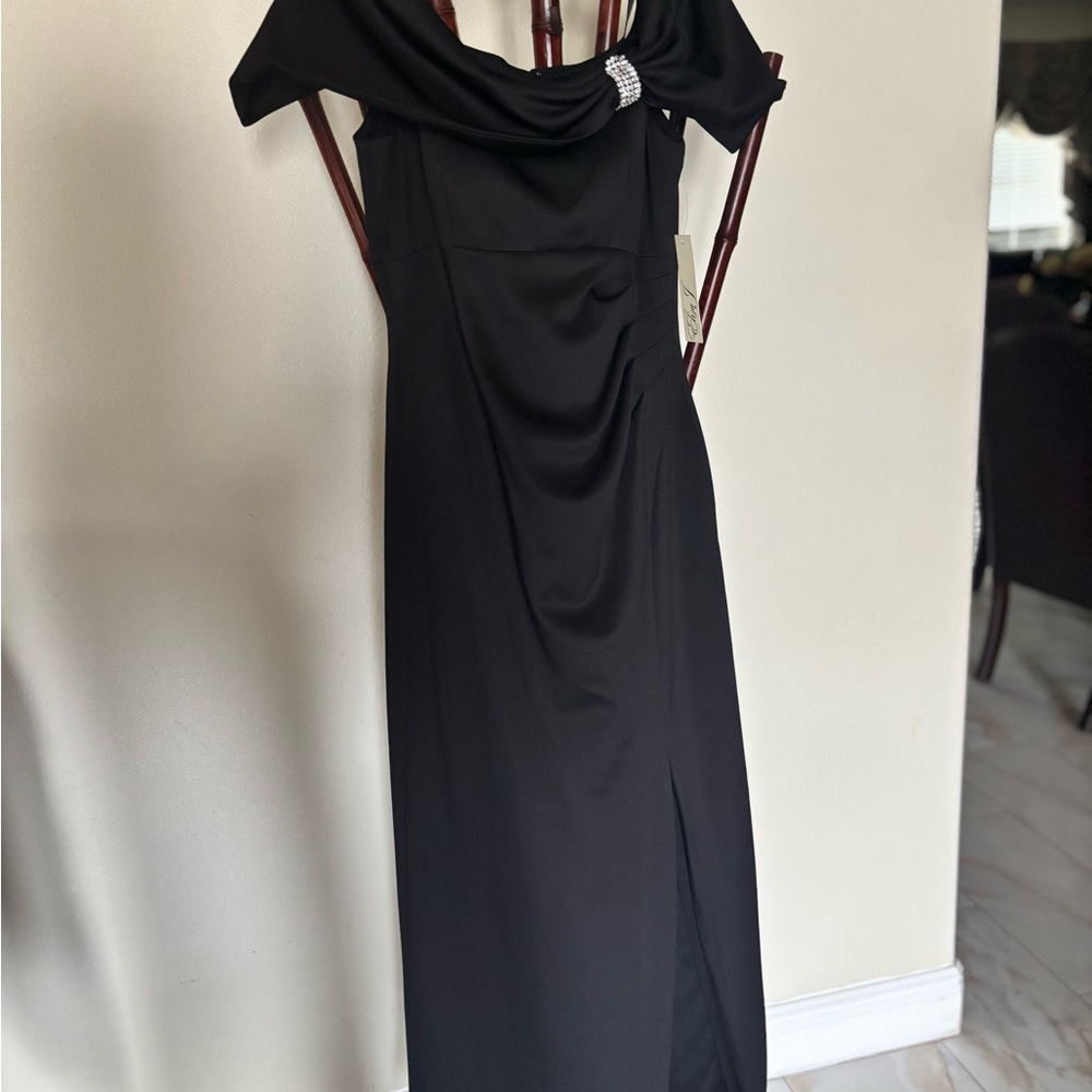 Eliza J Black Gown with Off the Shoulder Neckline and Cap Sleeves